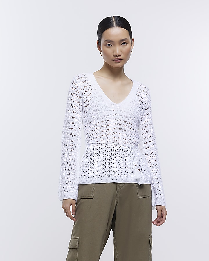 White crochet belted top | River Island