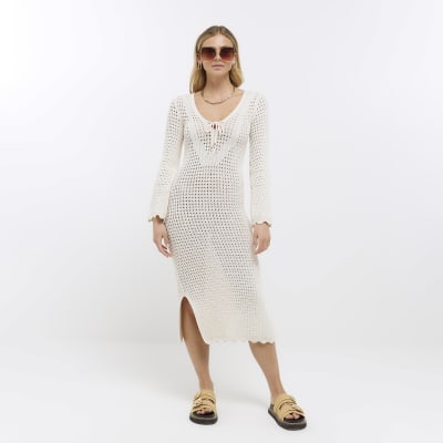 White crochet bodycon midi dress | River Island