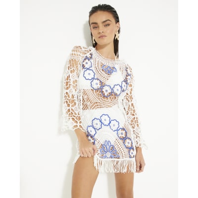 White Crochet Long Sleeve Mini Beach Dress