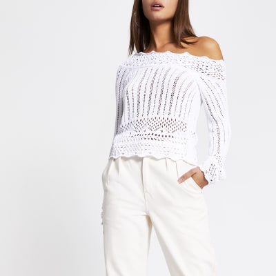 White crochet long sleeve off shoulder jumper River Island