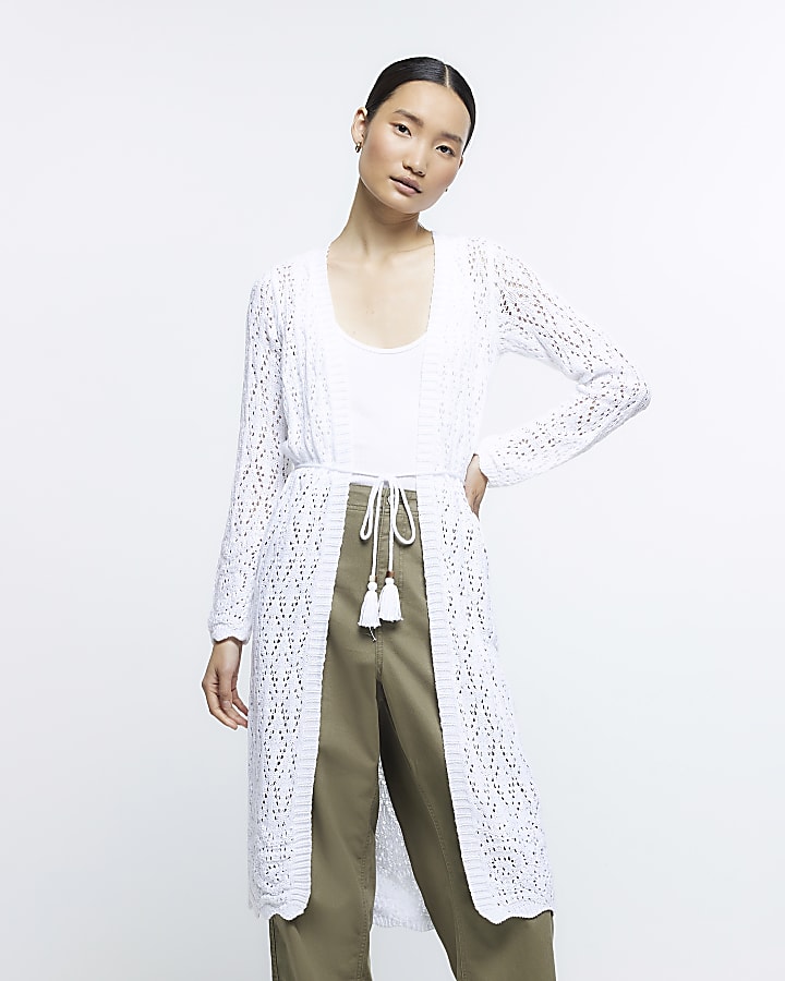 White crochet longline cardigan