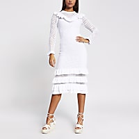 White crochet ruffle midi dress