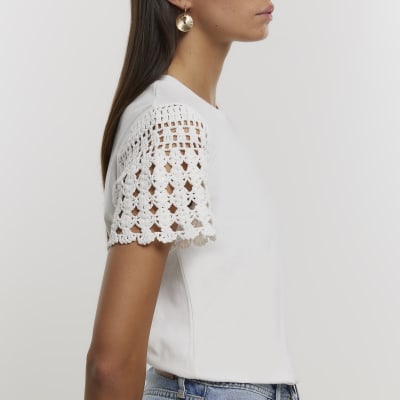 White crochet sleeve tshirt River Island