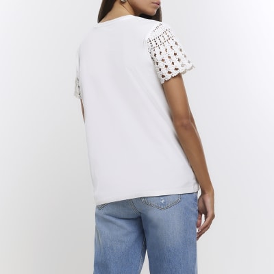 White crochet sleeve tshirt River Island