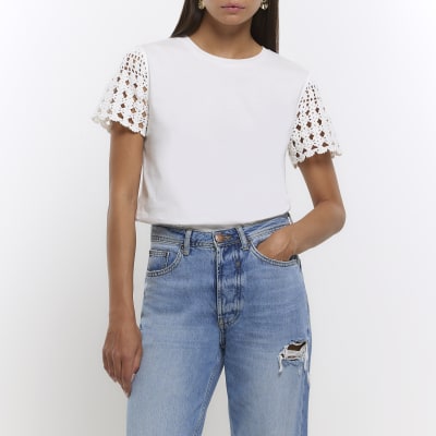 White crochet sleeve tshirt River Island