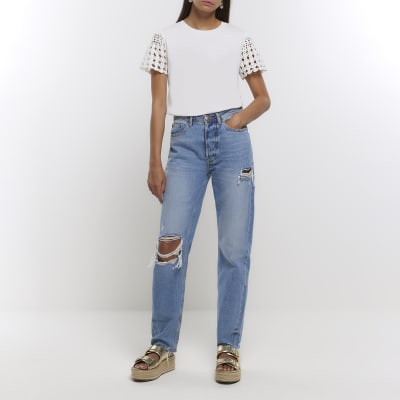 White crochet sleeve tshirt River Island