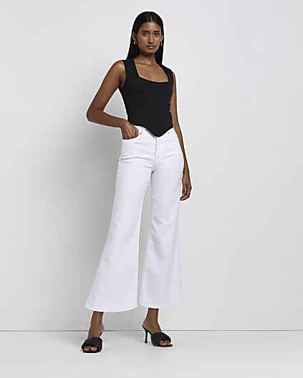 White cropped high waisted flared jeans