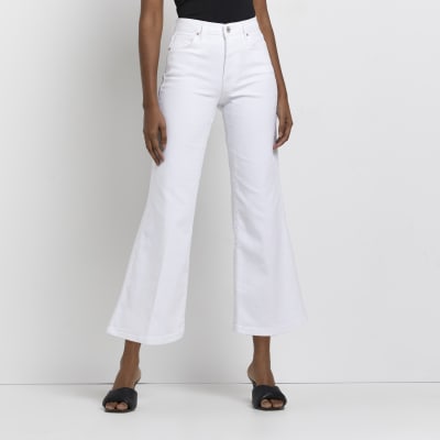 white flare high waisted pants