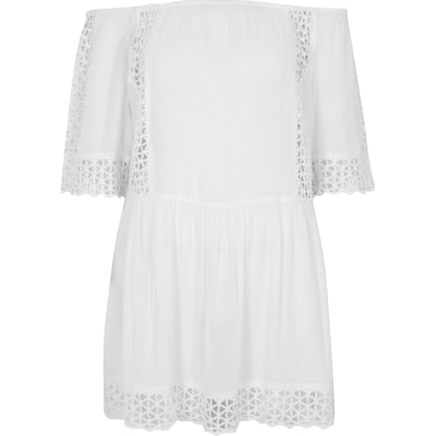 White cutwork bardot mini beach dress