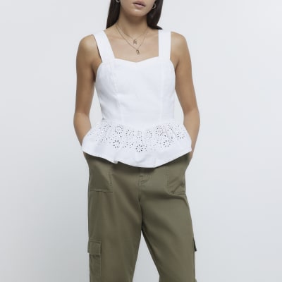 White denim broderie peplum top | River Island