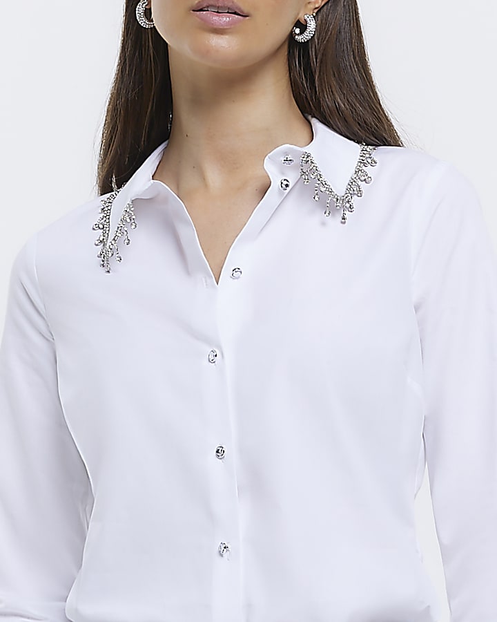 White diamante collar poplin shirt