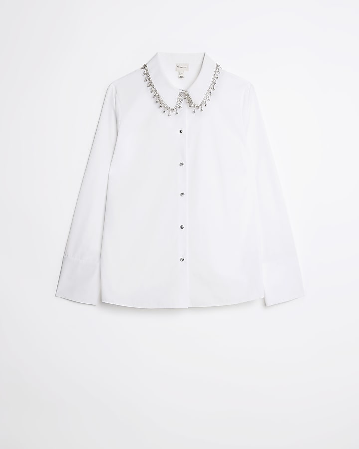 White diamante collar poplin shirt