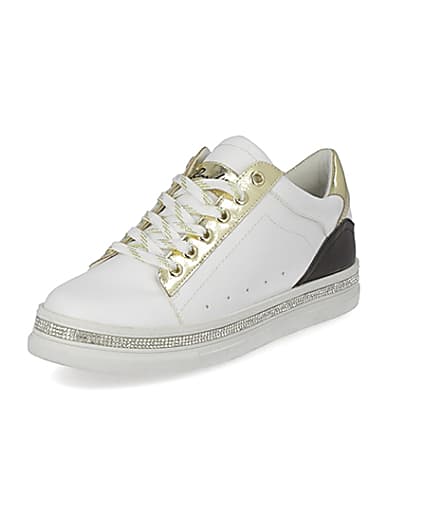 360 degree animation of product White diamante embellished lace-up trainers frame-0