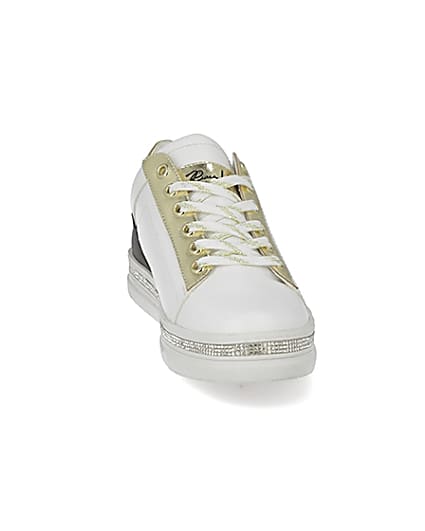 360 degree animation of product White diamante embellished lace-up trainers frame-20
