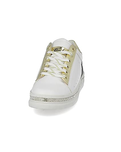 360 degree animation of product White diamante embellished lace-up trainers frame-22