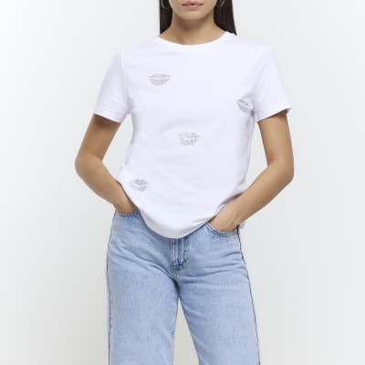 White diamante embellished tshirt River Island