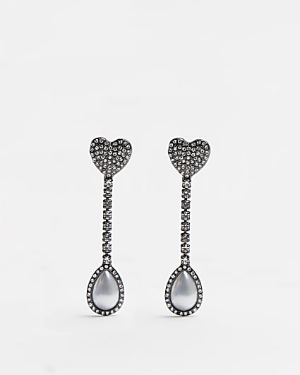 White diamante heart drop earrings