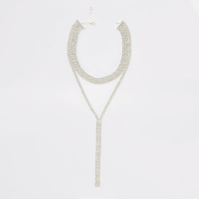 White diamante paved layed necklace