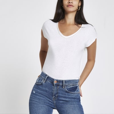White diamante trim V neck slouch T-shirt