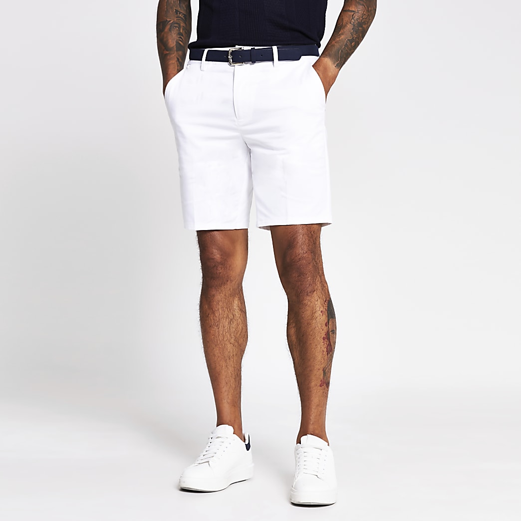 White Dylan slim fit belted shorts | River Island