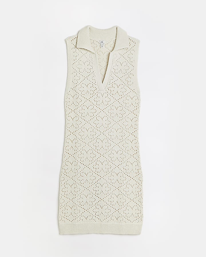 White ecru knitted shirt mini dress