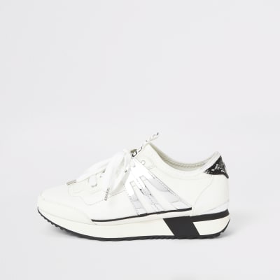 White elasticated lace-up runner trainers | River Island