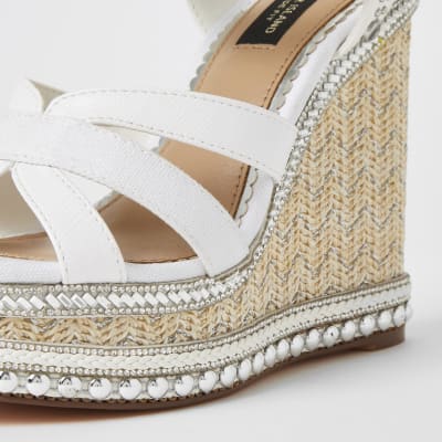 White embellish strappy wide fit wedge sandal