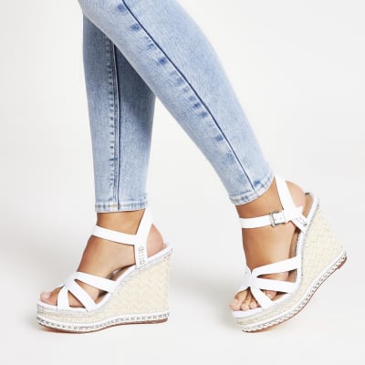 White embellish strappy wide fit wedge sandal