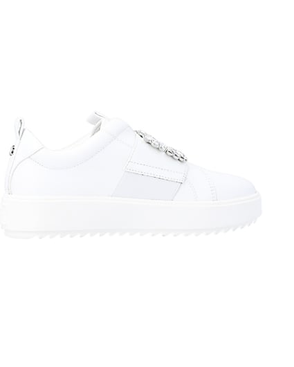 360 degree animation of product White embellished buckle trainers frame-14