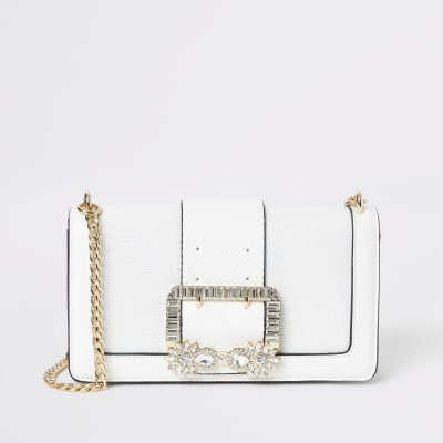 White embellished buckle underarm bag