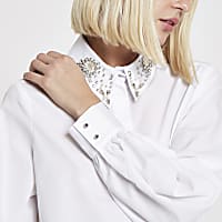 White embellished collar long sleeve shirt
