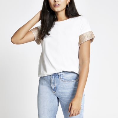 White embellished cuff short sleeve Tshirt River Island
