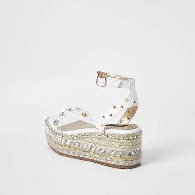 White embellished espadrille flatform sandals