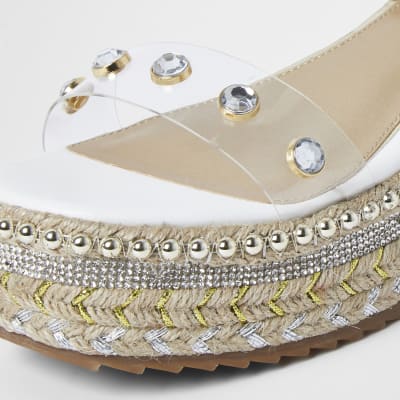 White embellished espadrille flatform sandals