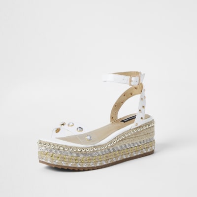 White embellished espadrille flatform sandals
