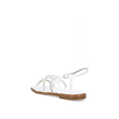 360 degree animation of product White embellished flat sandals frame-6