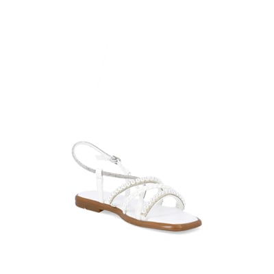 White embellished flat store sandals