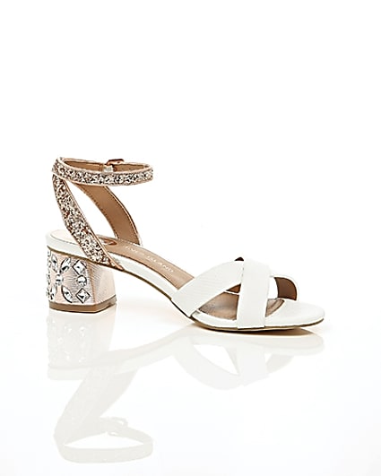 360 degree animation of product White embellished glitter block heel sandals frame-8