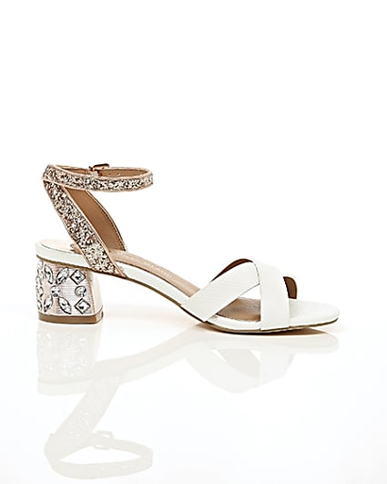 360 degree animation of product White embellished glitter block heel sandals frame-9