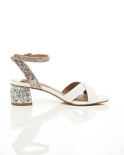 360 degree animation of product White embellished glitter block heel sandals frame-10