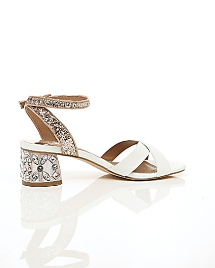 360 degree animation of product White embellished glitter block heel sandals frame-11