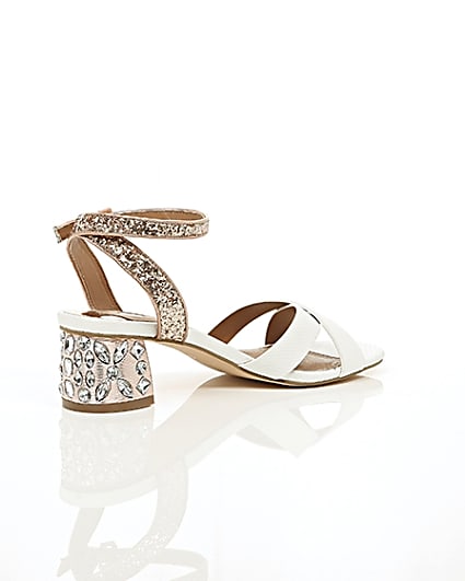 360 degree animation of product White embellished glitter block heel sandals frame-12