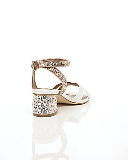 360 degree animation of product White embellished glitter block heel sandals frame-14