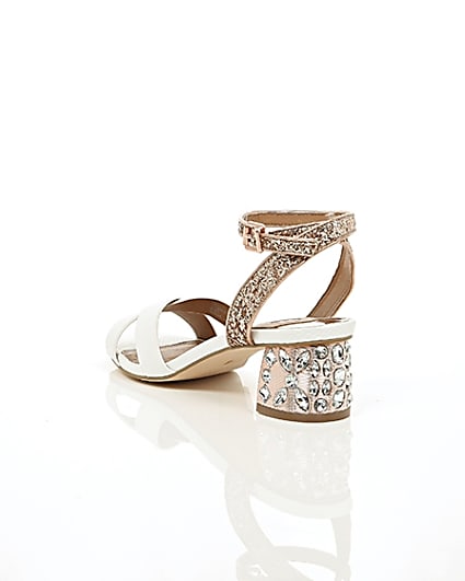 360 degree animation of product White embellished glitter block heel sandals frame-18
