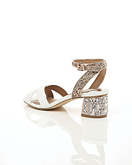 360 degree animation of product White embellished glitter block heel sandals frame-19