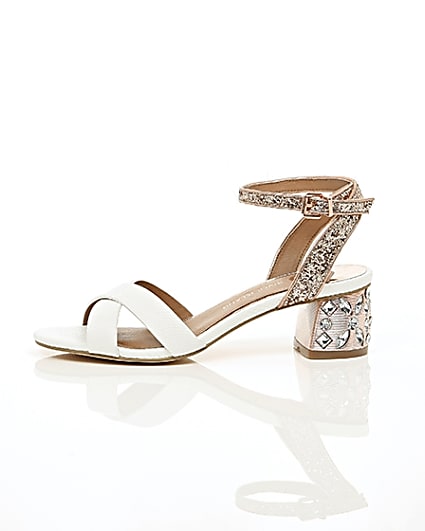 360 degree animation of product White embellished glitter block heel sandals frame-22
