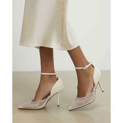 White Embellished Mesh Court Heels