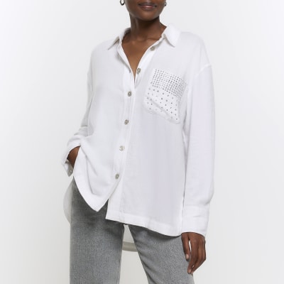 White embellished pocket shirt with linen