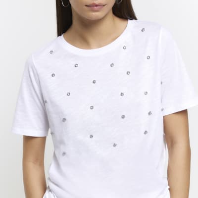 White embellished tshirt River Island