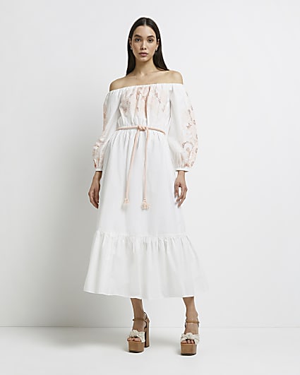 White embroidered bardot maxi dress